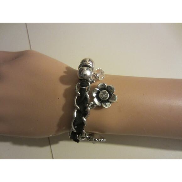 Silver Beaded Charm Bracelet w/ Crystal Heart & Flower Dangles - Picture 3 of 8